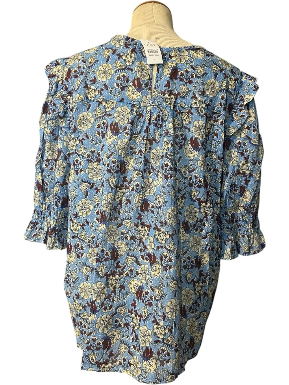 Loft Shimmer Floral Pintuck Puff Sleeve Blouse NWT Blue Size L